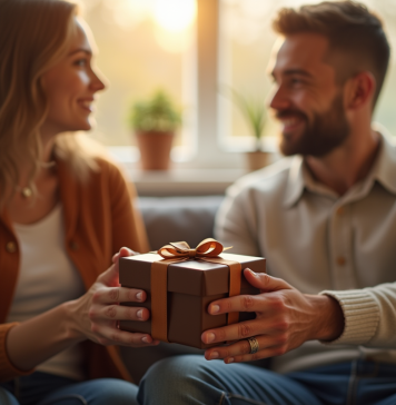 Couple échangeant un cadeau en cuir dans un salon lumineux