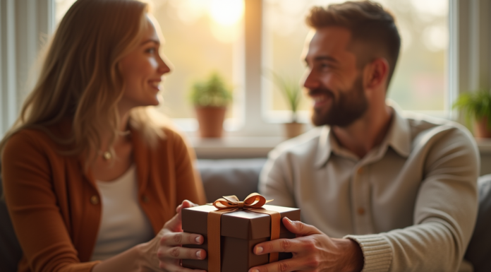 Couple échangeant un cadeau en cuir dans un salon lumineux