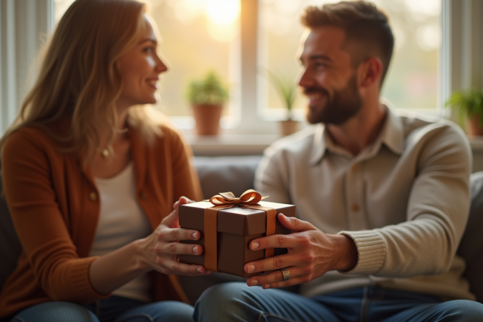 Couple échangeant un cadeau en cuir dans un salon lumineux
