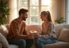 Couple souriant échangeant des cadeaux dans un salon lumineux