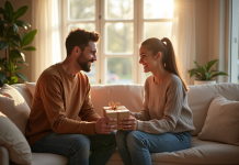 Couple souriant échangeant des cadeaux dans un salon lumineux