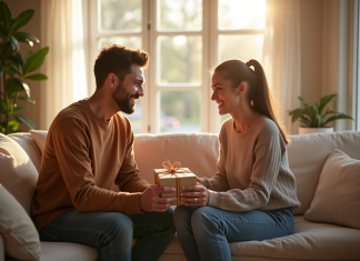Couple souriant échangeant des cadeaux dans un salon lumineux