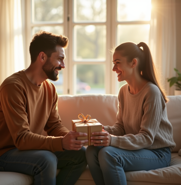 Couple souriant échangeant des cadeaux dans un salon lumineux