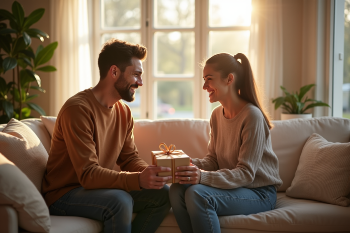 Couple souriant échangeant des cadeaux dans un salon lumineux