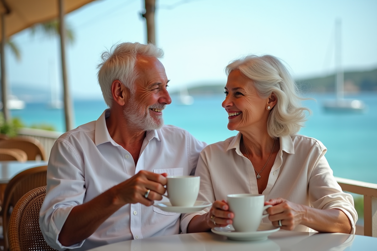 Couple âgé partageant un café face à la mer en vacances