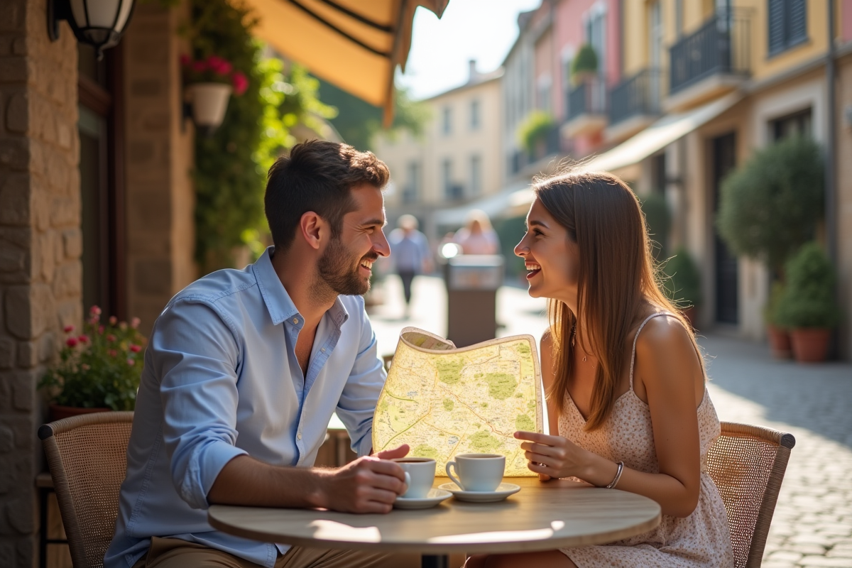 Jeune couple riant avec une carte sur une terrasse ensoleillee