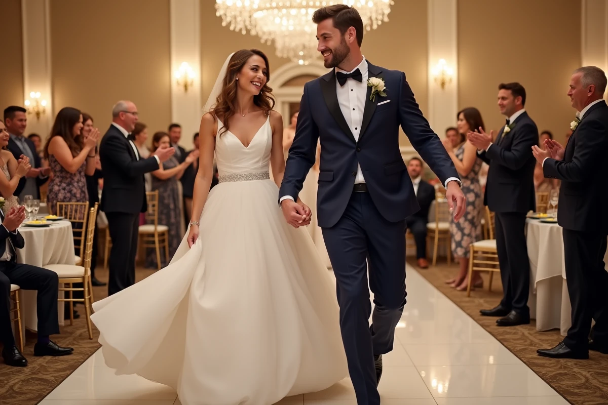 Jeune couple souriant dansant dans la salle de mariage