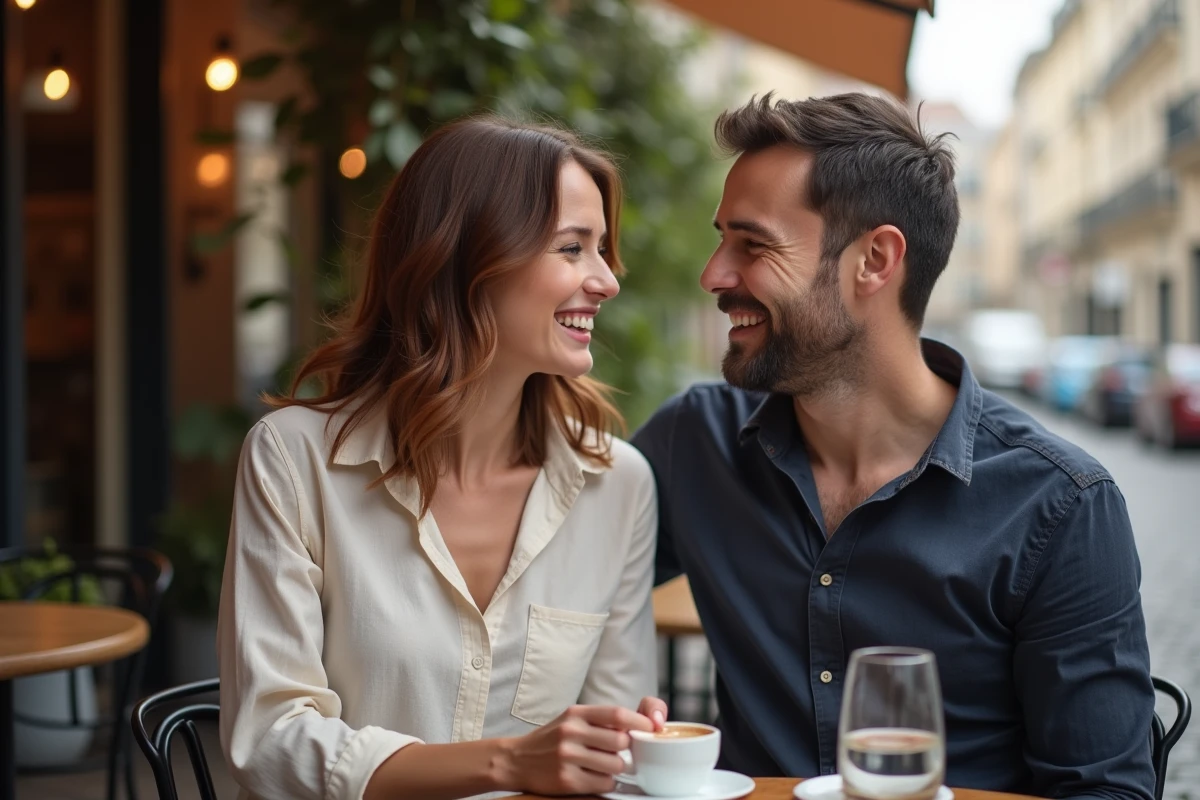 Couple discret partageant un moment complice à la terrasse d'un café parisien, illustrant une relation amoureuse authentique et réservée