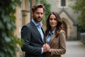 Couple élégant devant une vieille église en pierre