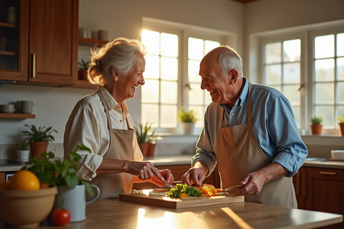 Couple senior cuisinant ensemble dans la cuisine lumineuse