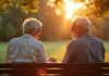Couple agee main dans la main au parc en fin de journee