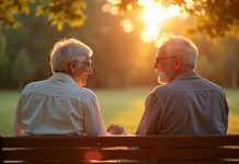 Couple agee main dans la main au parc en fin de journee