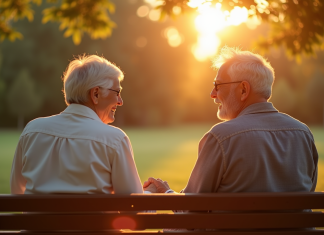 Couple agee main dans la main au parc en fin de journee