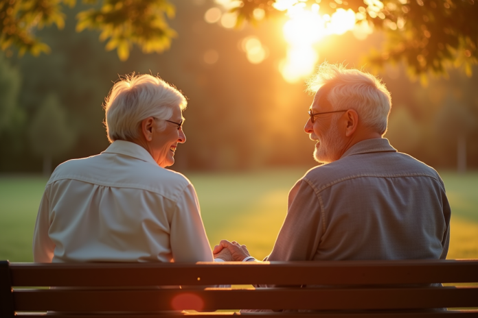 couple-elderly-main-park Couple agee main dans la main au parc en fin de journee