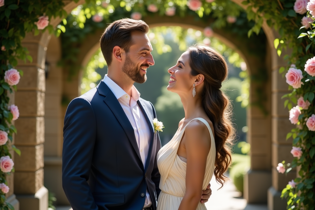 Couple souriant dans un jardin européen romantique