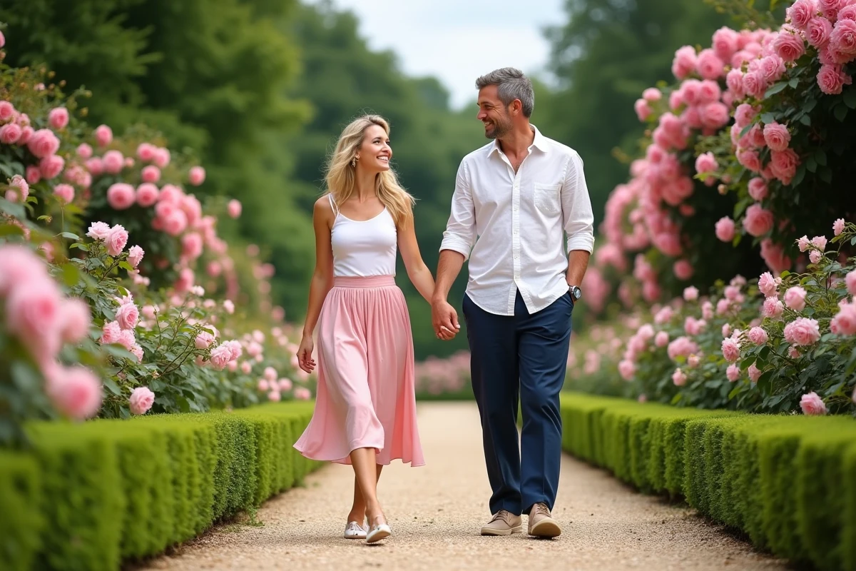 Couple se promenant dans un jardin de roses en fleurs pour célébrer leurs 17 ans de mariage