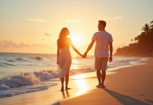 Couple main dans la main sur plage tropicale au coucher du soleil