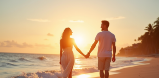 Couple main dans la main sur plage tropicale au coucher du soleil