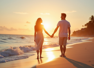 Couple main dans la main sur plage tropicale au coucher du soleil