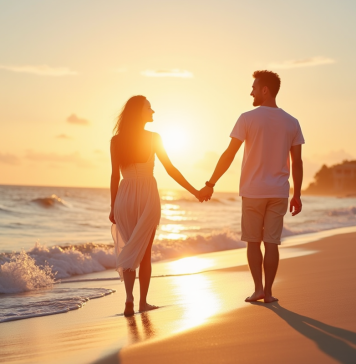 Couple main dans la main sur plage tropicale au coucher du soleil