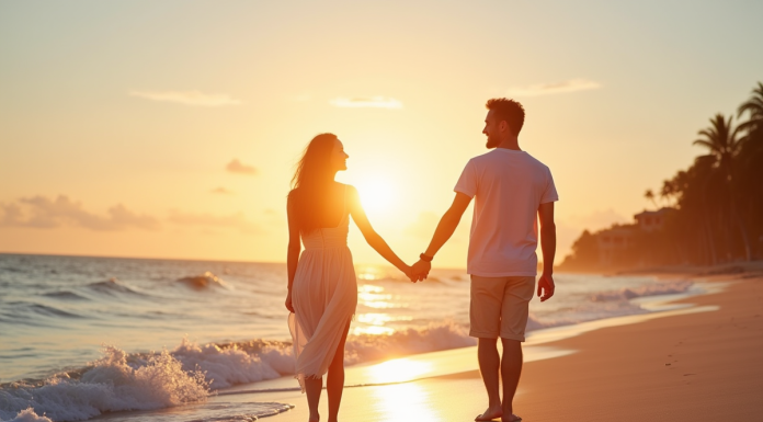 Couple main dans la main sur plage tropicale au coucher du soleil