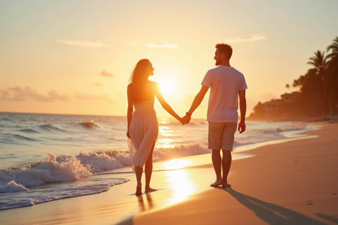 Couple main dans la main sur plage tropicale au coucher du soleil
