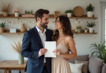 Thème mariage : annoncez votre choix avec style et originalité ! Jeune couple souriant avec annonce de mariage élégante