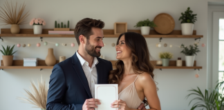 Thème mariage : annoncez votre choix avec style et originalité ! Jeune couple souriant avec annonce de mariage élégante