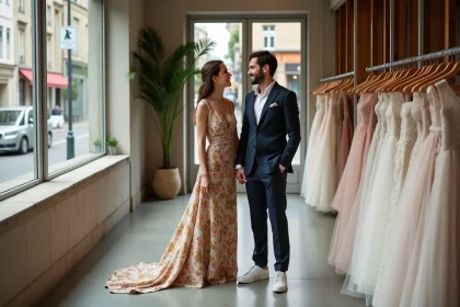 Couple moderne dans une boutique de mariage à Bordeaux