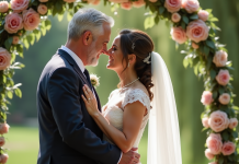 Couple d'adultes se tenant par la main lors d'une cérémonie en plein air