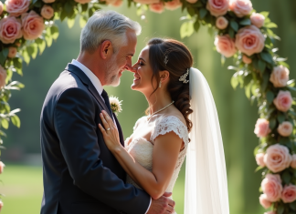 Couple d'adultes se tenant par la main lors d'une cérémonie en plein air