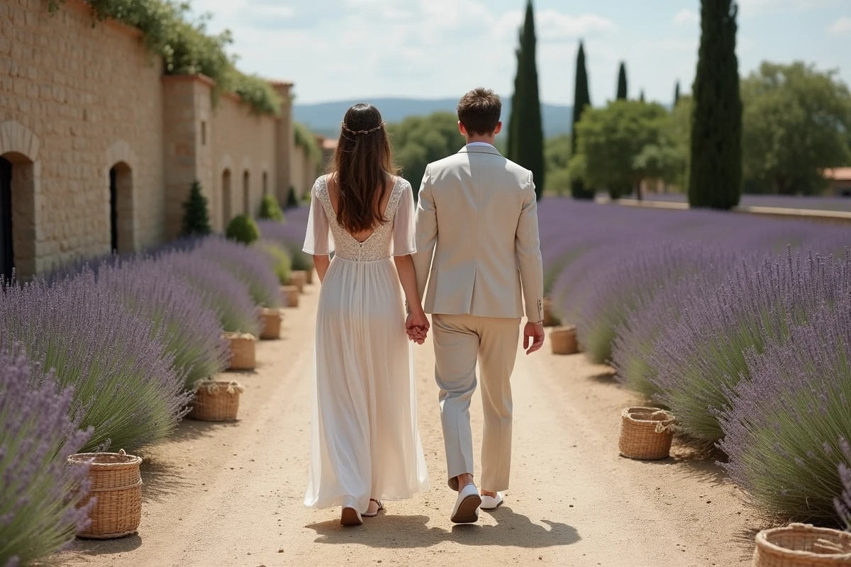 Couple de mariés marchant dans un champ de lavande en Provence, mariée en robe champêtre chiffon brodée abordable