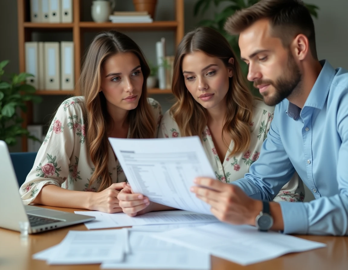 Couple de futurs mariés consultant un traiteur pour comparer les prix par personne et faire des économies sur les boissons du mariage