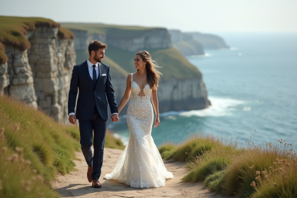 Jeune couple marié marche sur une falaise avec vue sur la mer