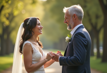 Couple marié échangeant leurs vœux en extérieur