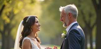 Couple marié échangeant leurs vœux en extérieur