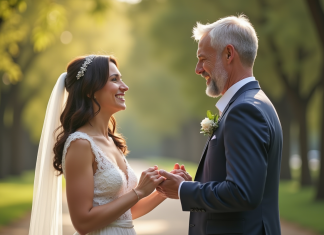 Couple marié échangeant leurs vœux en extérieur