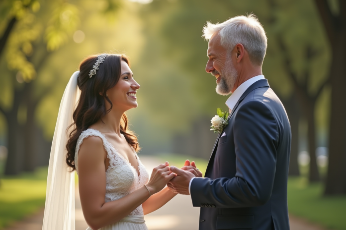 couple-mariage-exchange-vows Couple marié échangeant leurs vœux en extérieur