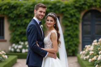 Jeune couple en mariage dans un jardin romantique
