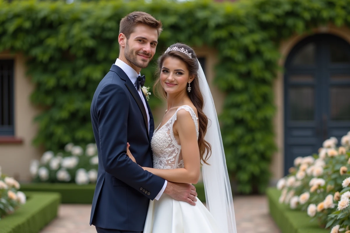 Jeune couple en mariage dans un jardin romantique