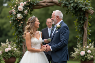 Couple marié souriant lors d'une cérémonie en plein air