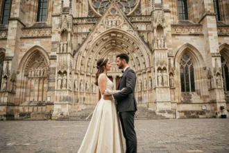 Couple de mariés devant la cathédrale Saint-Étienne de Bourges lors d'une séance photo de mariage