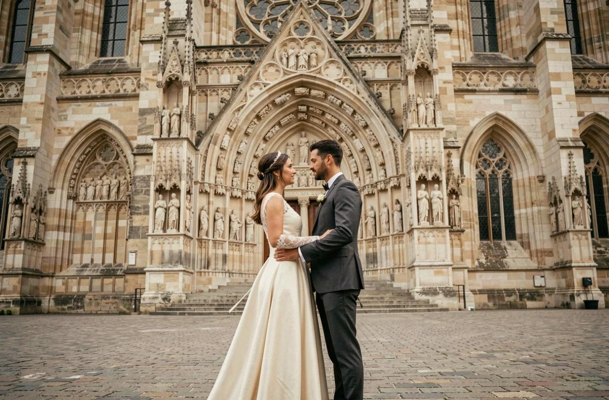 Couple de mariés devant la cathédrale Saint-Étienne de Bourges lors d'une séance photo de mariage