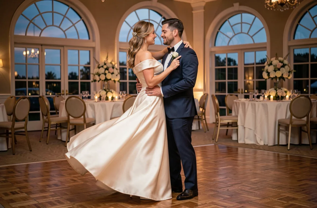 Couple de mariés partageant leur première danse dans une salle de bal élégante lors de leur réception de mariage