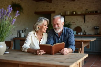 Couple fêtant leurs noces de bois en feuilletant un album photo dans une cuisine de campagne française