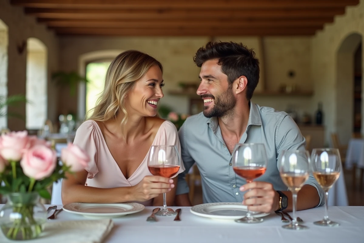 Couple fêtant leurs 17 ans de mariage autour d'une table décorée de roses roses dans une maison de campagne française