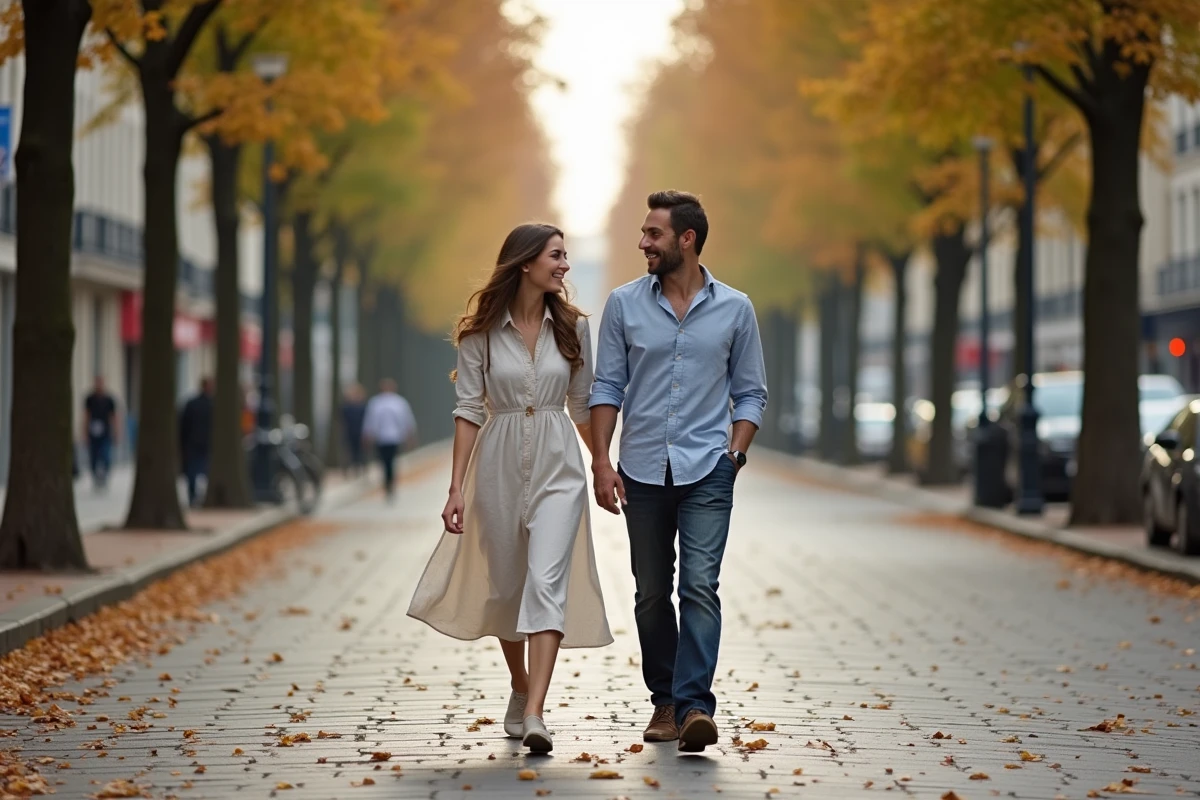 Couple se promenant sur un boulevard parisien en automne, illustrant la vie publique et personnelle sous les projecteurs médiatiques