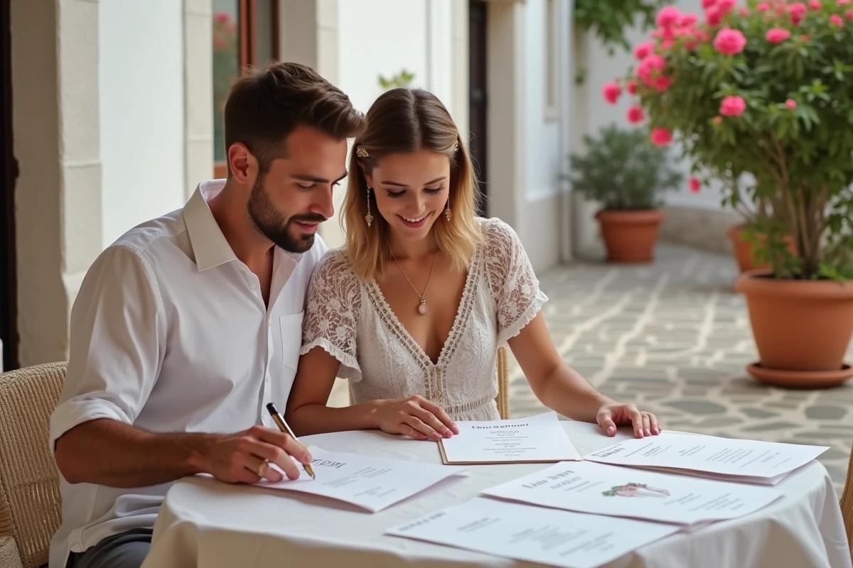 Couple consultant des échantillons de papeterie de mariage multilingue dans un café méditerranéen en plein air