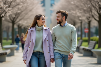 Couple souriant dans un parc urbain au printemps