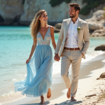 Jeune couple en bord de mer méditerranéenne en vacances